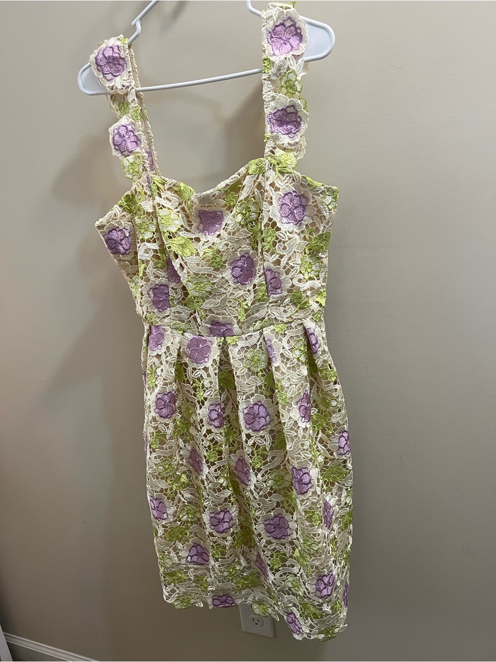 Just Me Crochet flower Appliqués lavender/green/Ivory Midi Dress Size L